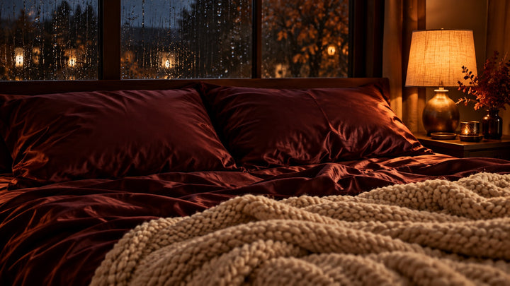 Two pillows pressed together on a bed with maroon satin sheets and a knit blanket on a rainy night, spooning sex positions