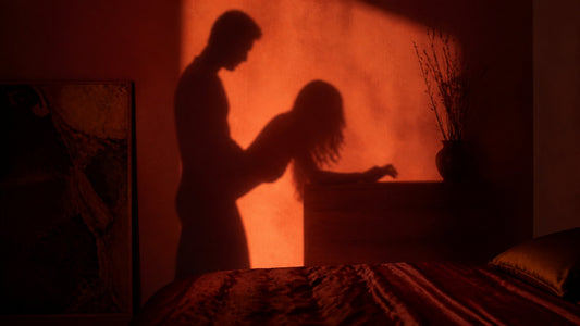 Silhouette shadows of a couple cast on a warm terracotta bedroom wall, apex sex position guide