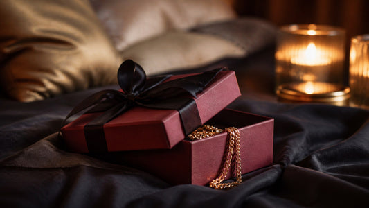 Deep red naughty gift box with gold chain on dark silk sheets
