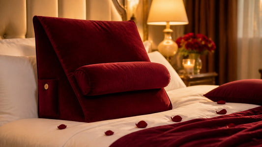 Best sex position pillow for couples: maroon velvet support pillow on a bed with rose petals