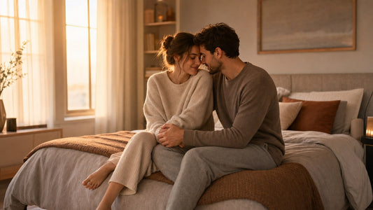 Couple in loungewear sitting close on the edge of a bed at golden hour, tender intimate mood