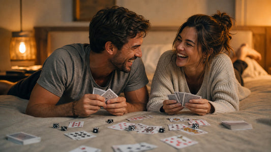 A couple laughing together on a bed with cards and dice, a playful bedroom games night for couples