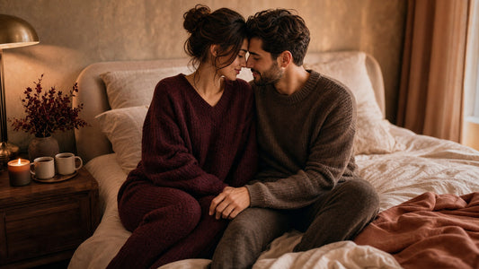 A couple in cozy knitwear sharing a tender forehead-to-forehead moment on a bed with a lit candle