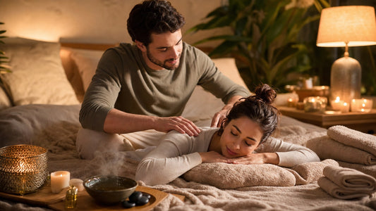 A couple sharing a candlelit couples massage at home in a warm bedroom