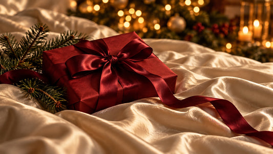 Small gift box wrapped in deep red paper with a maroon satin ribbon on cream satin sheets with golden lights