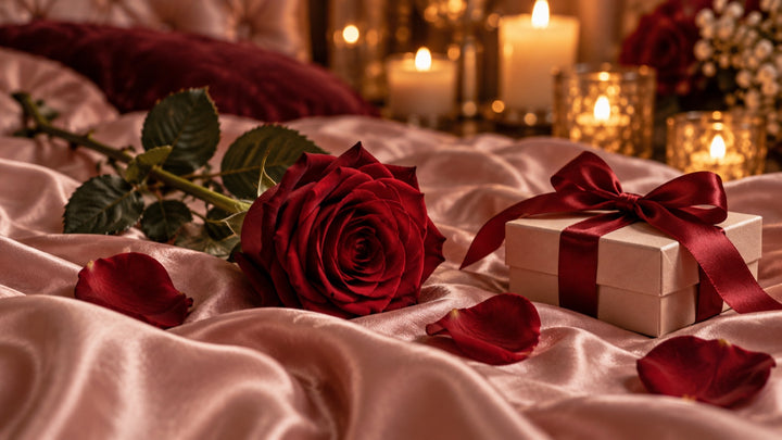 Red rose and petals on blush pink satin sheets beside a small gift box by candlelight
