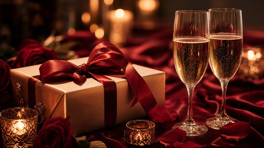 Romantic anniversary scene at home with gift, champagne and candlelight
