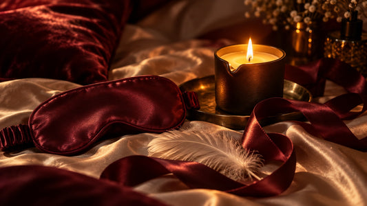 Sensory play flat lay for couples with a satin blindfold, warm low-temp massage candle, feather and silk ribbon by candlelight