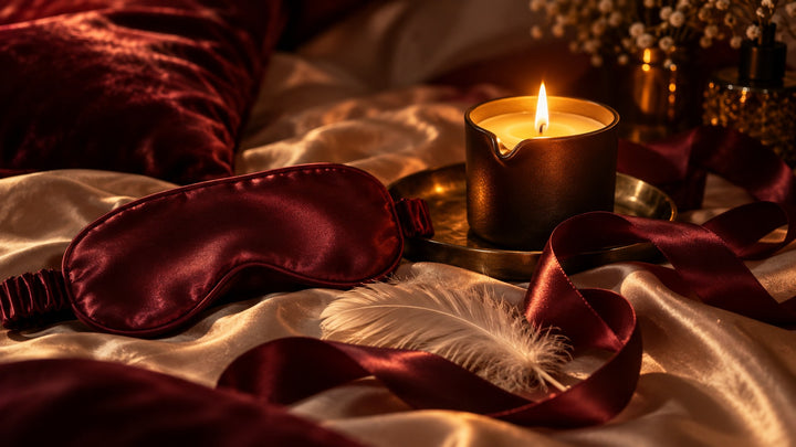 Sensory play flat lay for couples with a satin blindfold, warm low-temp massage candle, feather and silk ribbon by candlelight