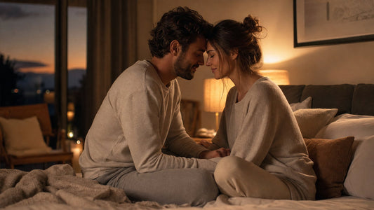 Couple sharing a slow tender foreplay moment in warm lamplight