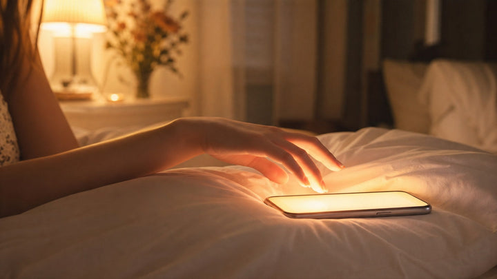 Long-distance intimacy: a phone glowing on a pillow at night as a hand reaches for a message from a distant partner