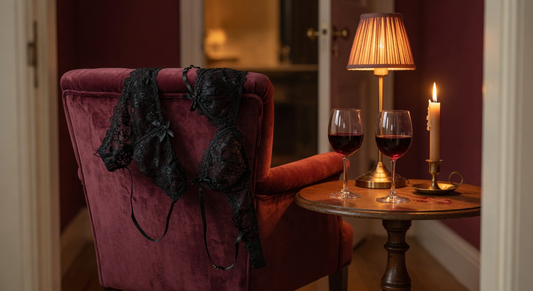 Elegant black lace lingerie set draped over a deep maroon velvet armchair, two crystal glasses of red wine on a wooden side table, single taper candle, soft golden ambient light, bedroom door ajar in background, intimate ritual atmosphere