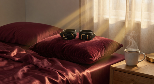 Soft black leather wrist cuffs on a deep maroon velvet pillow, single white ceramic coffee mug, wine-red silk sheets, golden sunrise light through sheer linen curtains, intimate morning-ready bedroom atmosphere