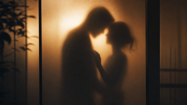 Silhouettes of a couple through frosted glass in warm amber light, evoking the intensity of the jackhammer sex position