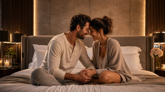 Couple lying close together in warm low light, planning their sex bucket list