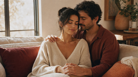 Couple in warm morning light, intimate moment of physical touch and emotional connection