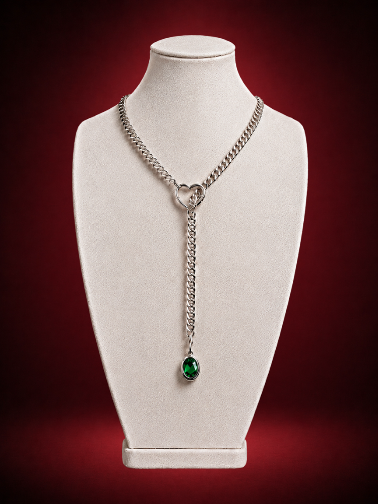 Silver lariat necklace with ruby solitaire pendant and heart-shaped clasp by Wildnightx