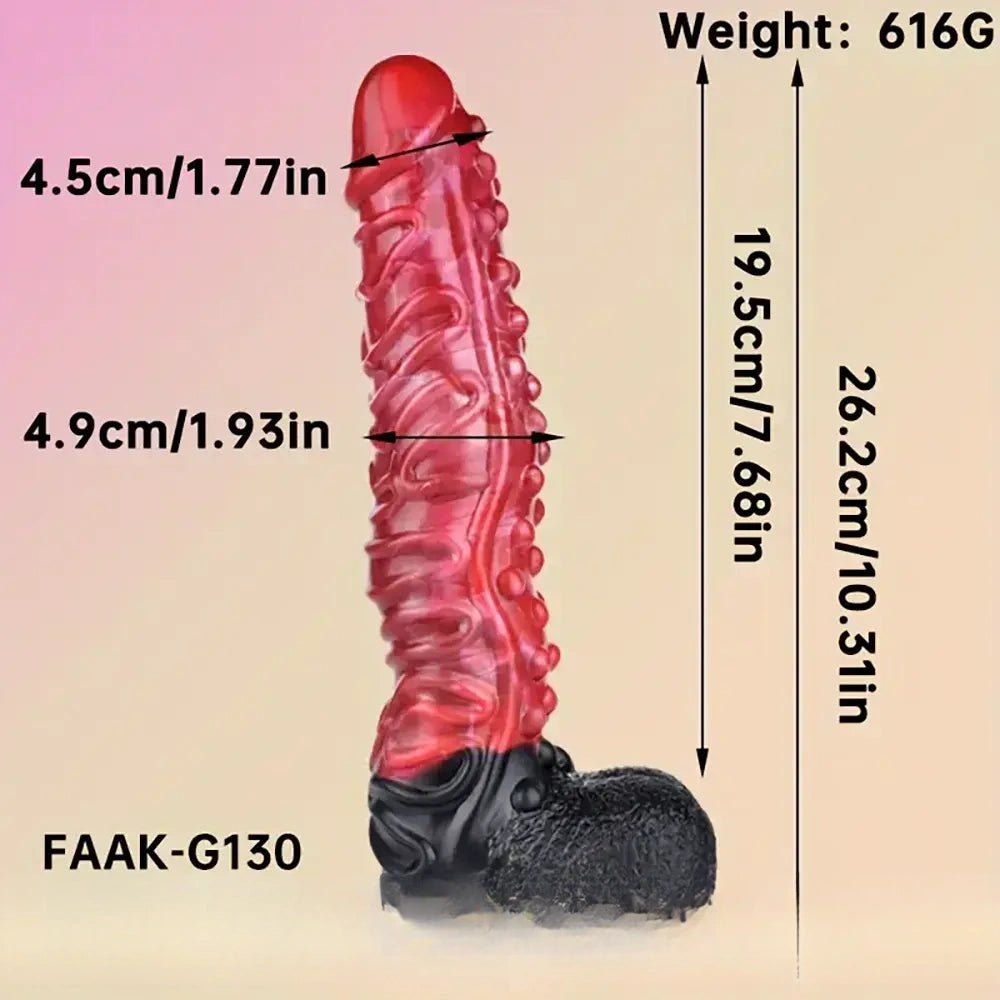 Red bumpy textured silicone fantasy dildo