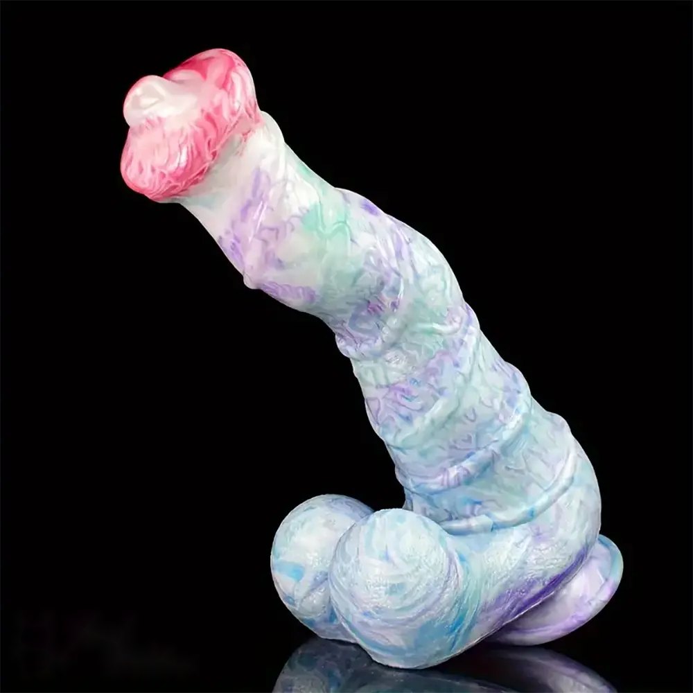 Curved silicone fantasy dildo with knotted base, photo 1
