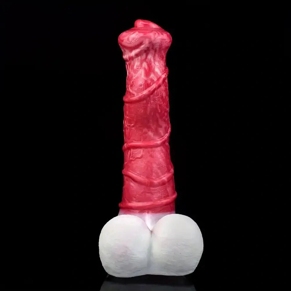 Curved silicone fantasy dildo with knotted base, photo 11