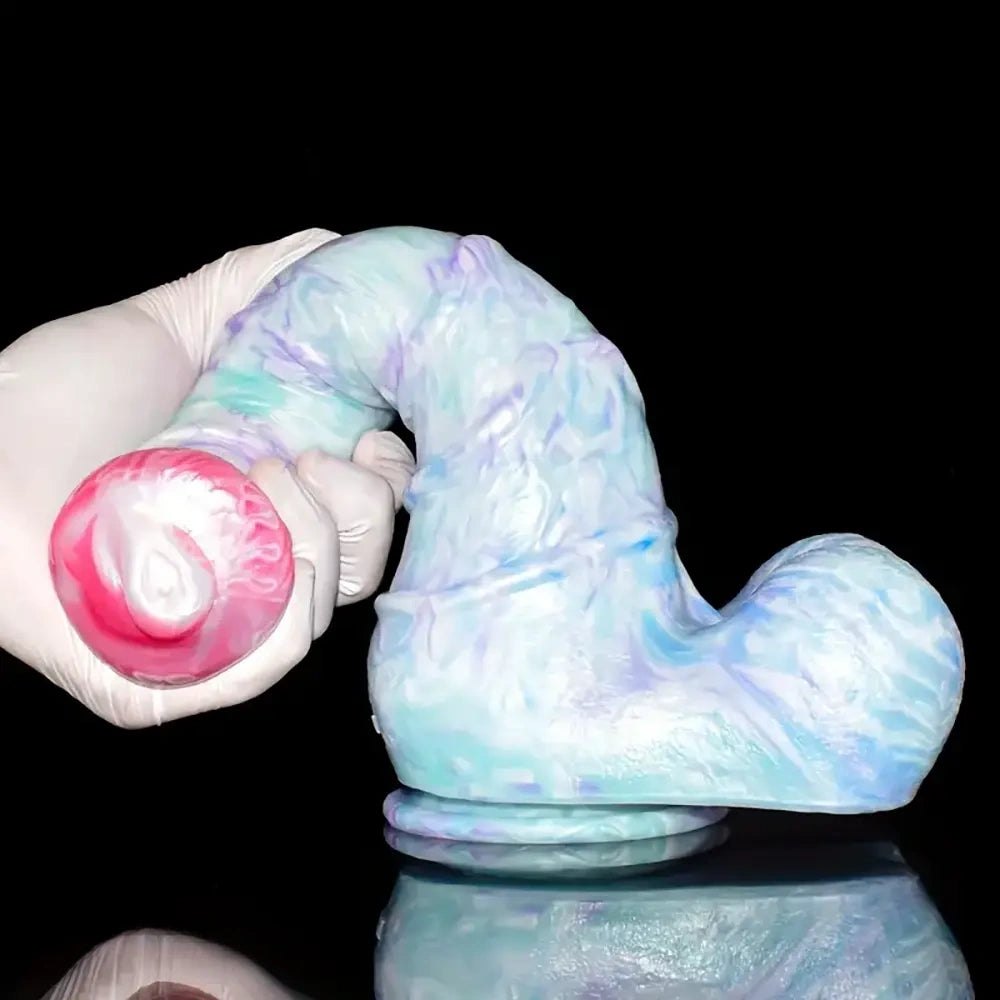 Curved silicone fantasy dildo with knotted base, photo 12
