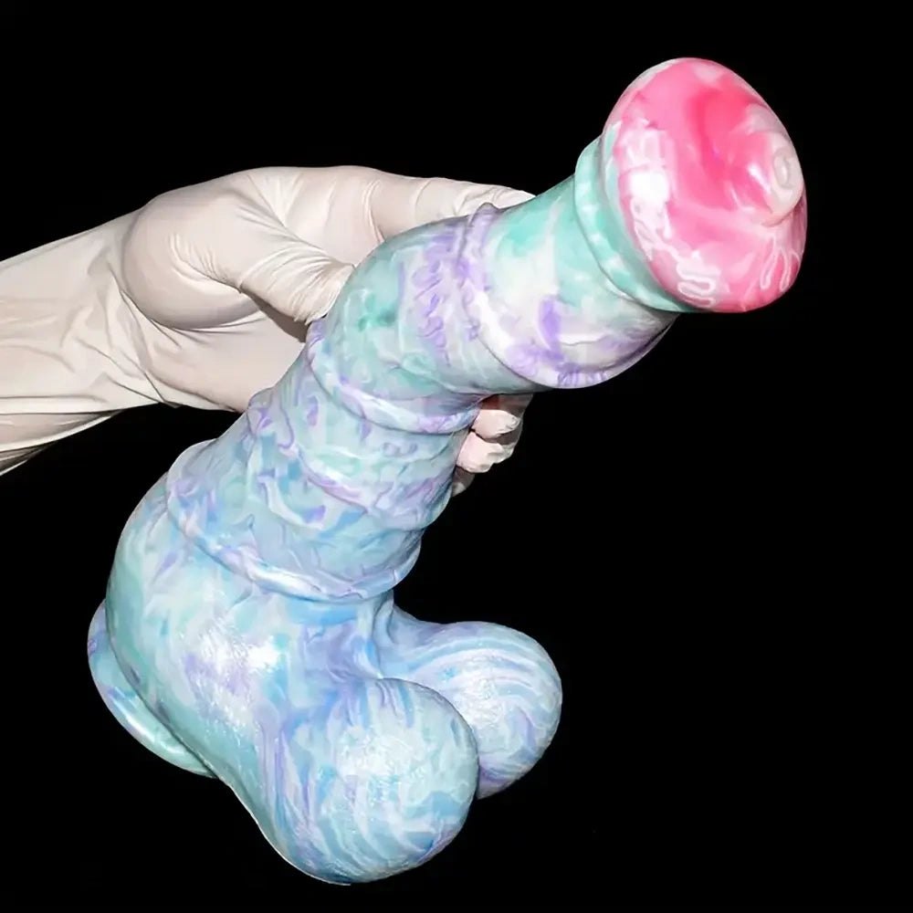 Curved silicone fantasy dildo with knotted base, photo 15