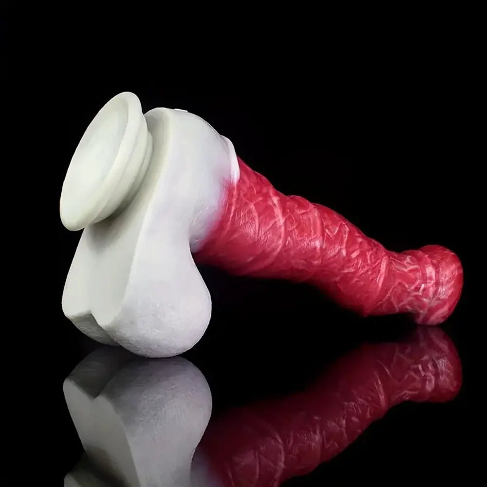 Curved silicone fantasy dildo with knotted base, photo 2