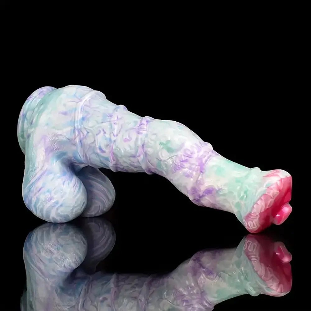 Curved silicone fantasy dildo with knotted base, photo 4