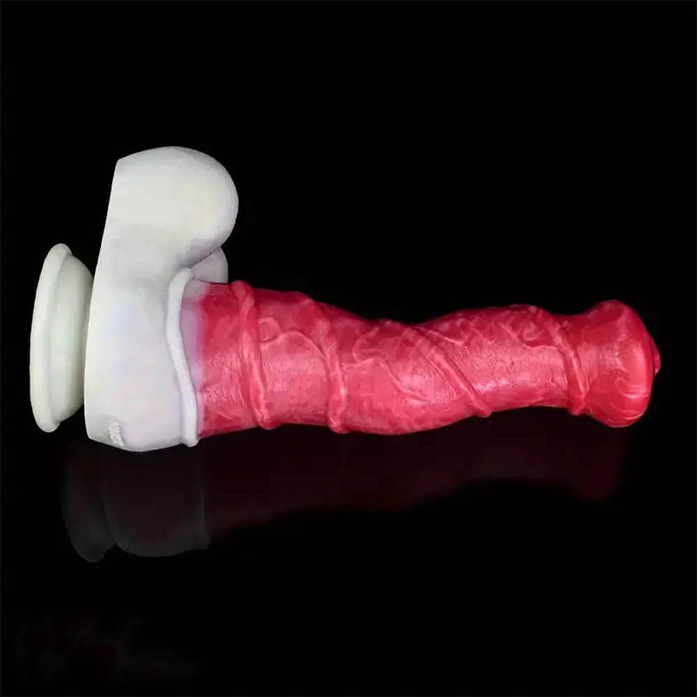 Curved silicone fantasy dildo with knotted base, photo 9