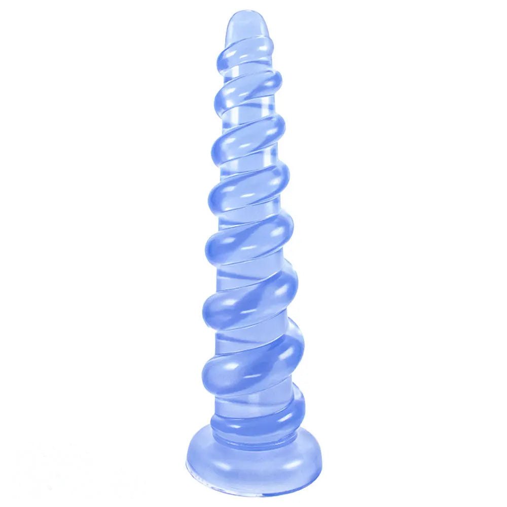 Blue ribbed PVC anal dildo with suction cup base