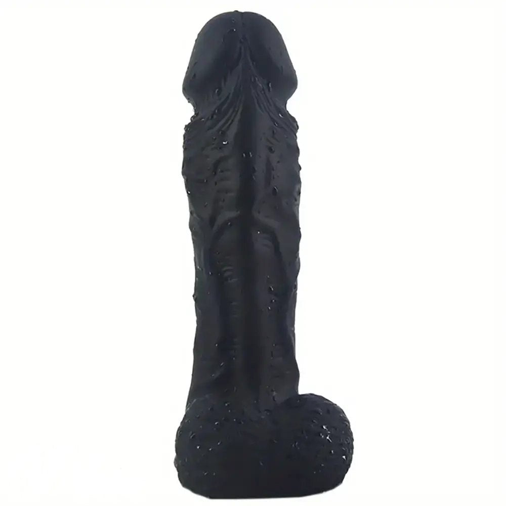 Black textured silicone dildo with a flared harness-compatible base