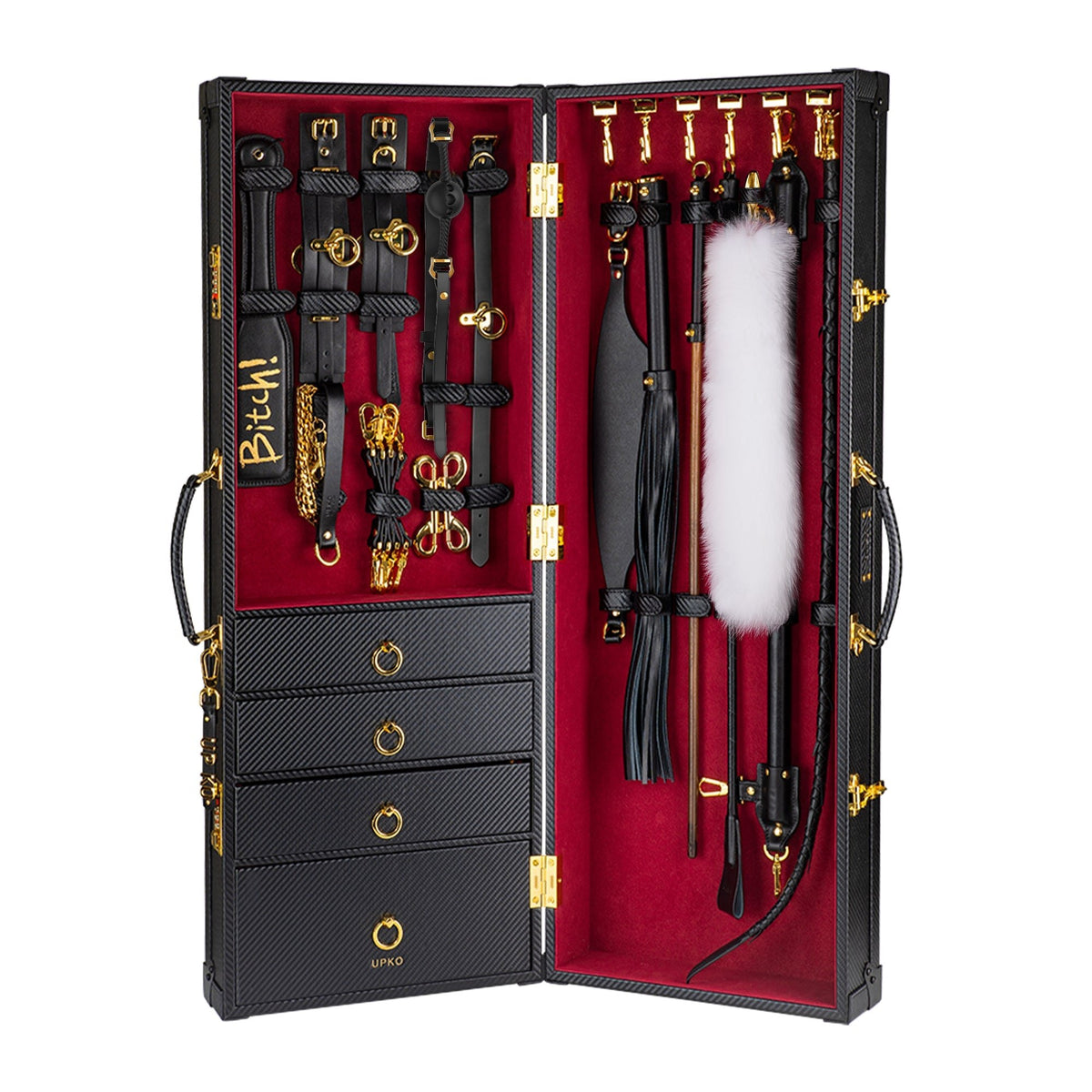 Black leather bondage trunk kit open showing tools, photo 4