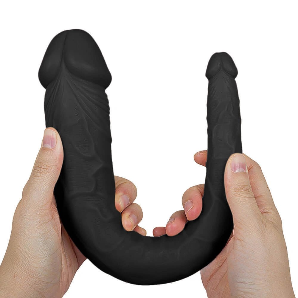 Black double-ended PVC dildo with two different sized heads