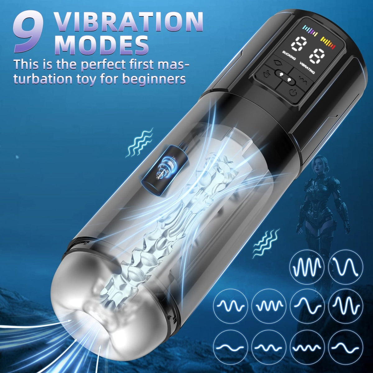 Black 2-in-1 suction vibrating masturbator, photo 3