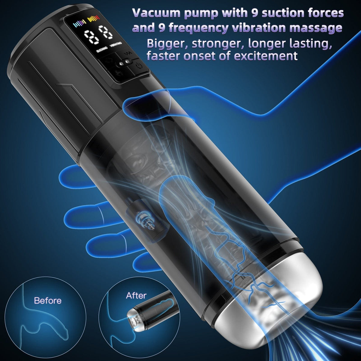 Black 2-in-1 suction vibrating masturbator, photo 4