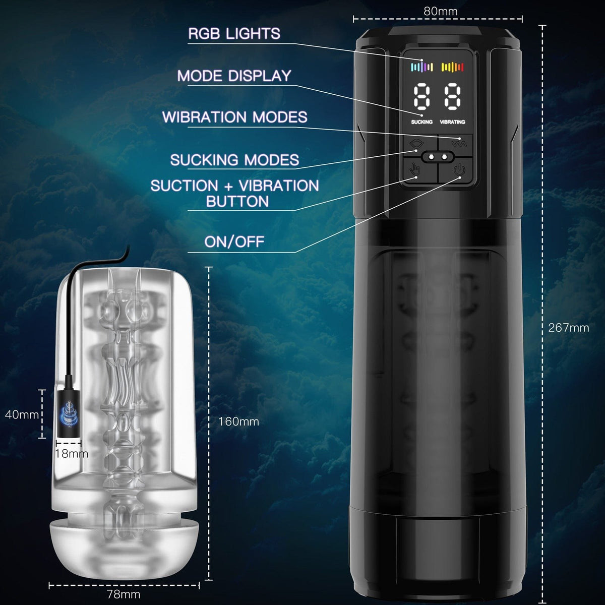 Black 2-in-1 suction vibrating masturbator, photo 6