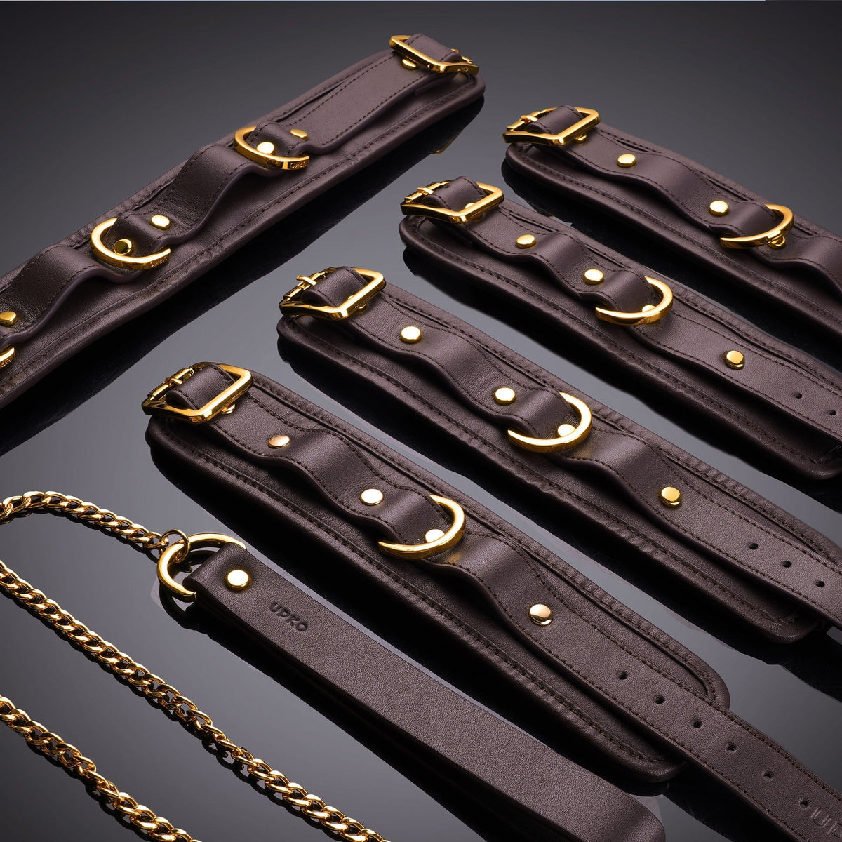 Portable leather and metal restraint kit in open case, photo 13