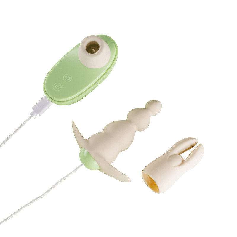 Green and cream silicone egg vibrator kit with attachment heads, photo 1