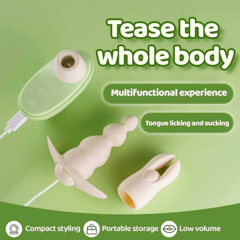 Green and cream silicone egg vibrator kit with attachment heads, photo 2