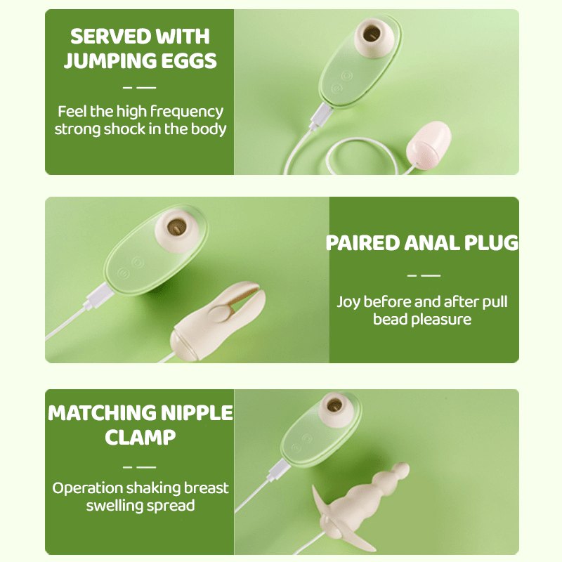 Green and cream silicone egg vibrator kit with attachment heads, photo 4
