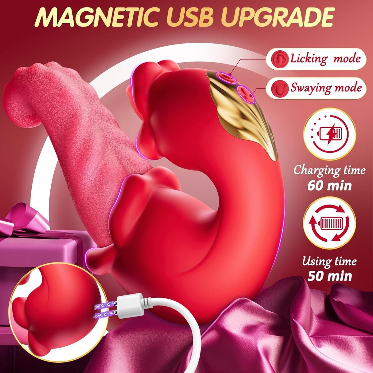 Rose red silicone tongue and swing vibrator, photo 6