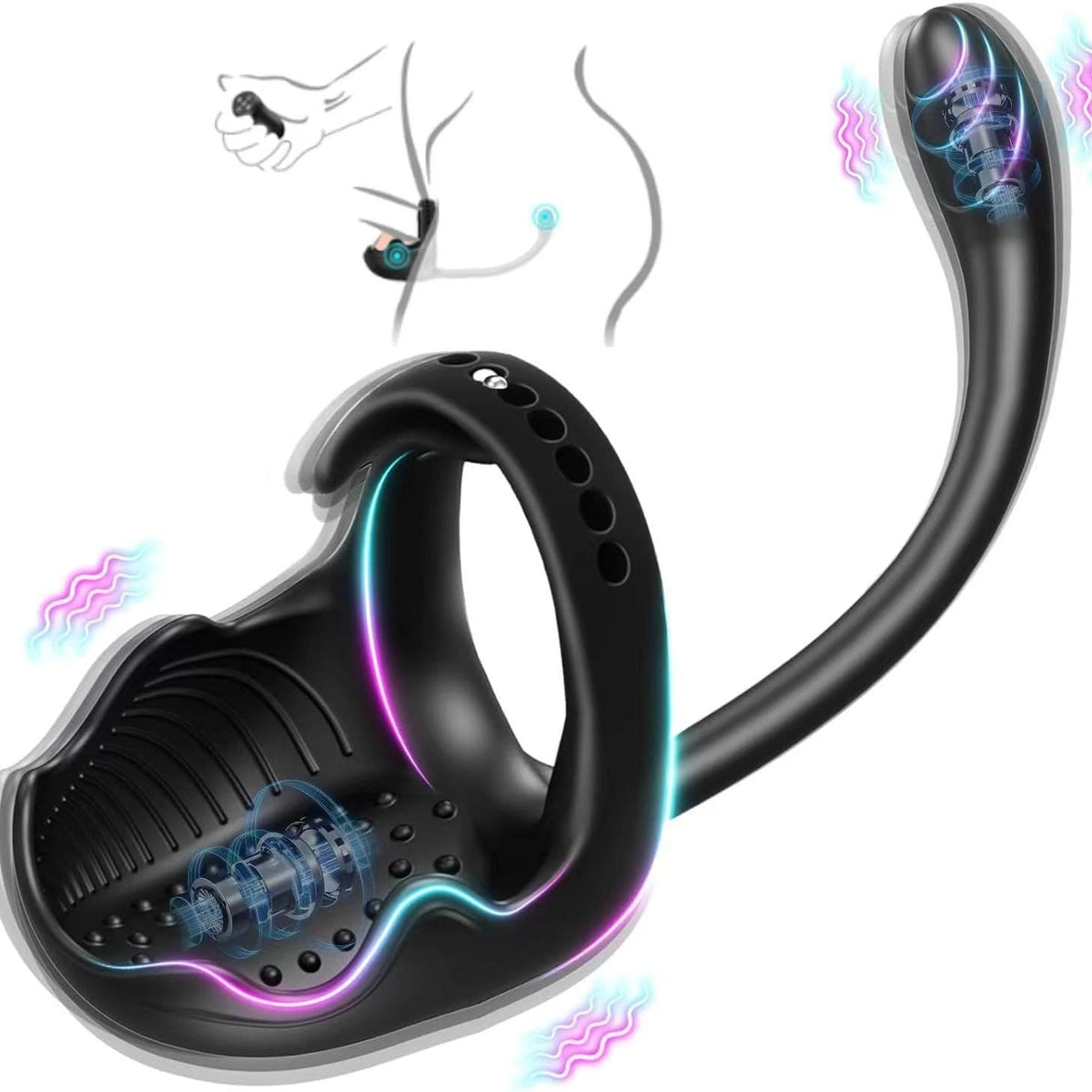 Black silicone vibrating cock ring with anal stimulator, photo 1