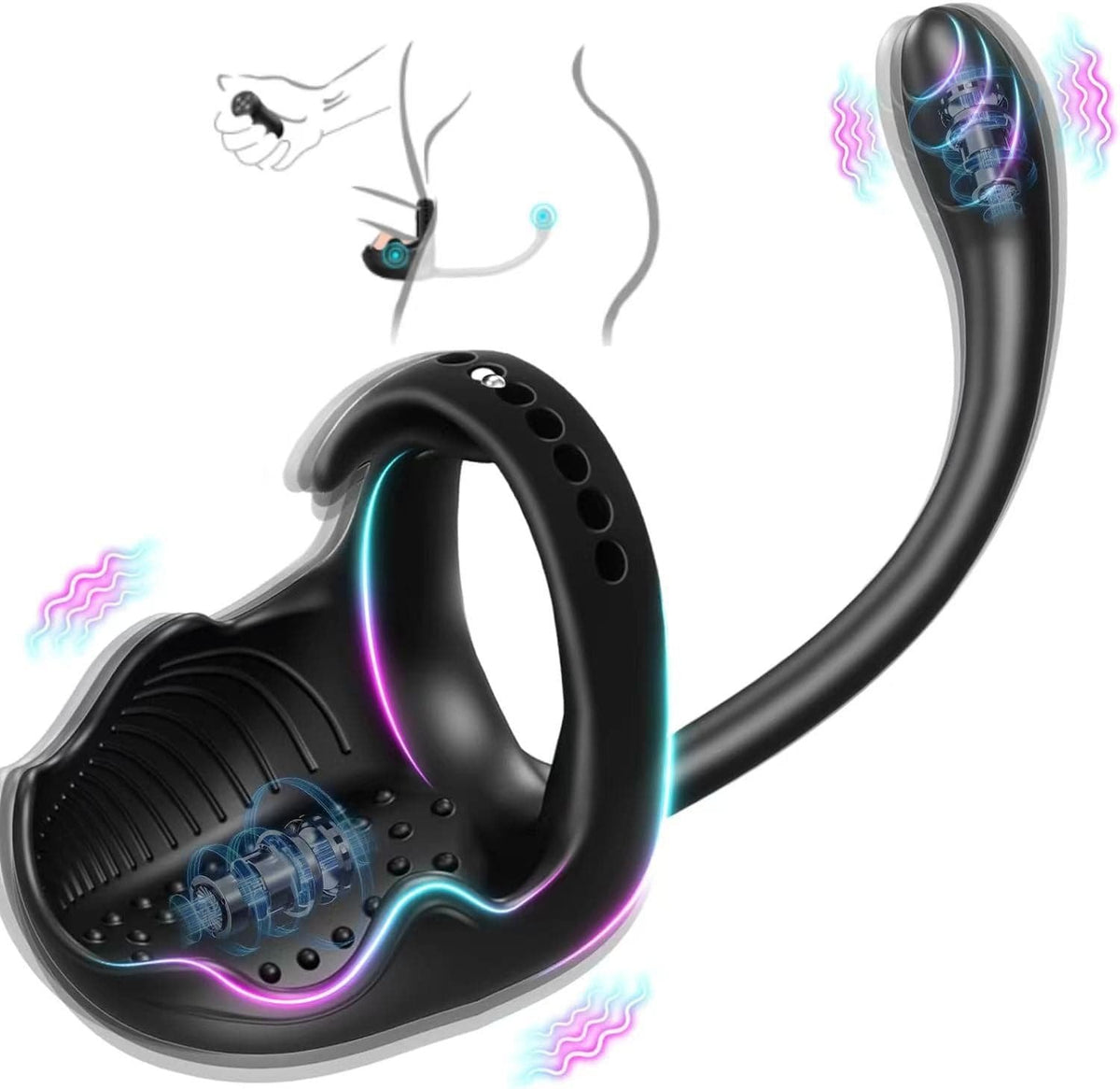 Black silicone vibrating cock ring with anal stimulator, photo 8