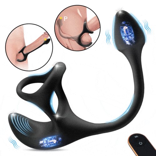 Black silicone vibrating cock ring with anal probe and remote, photo 1