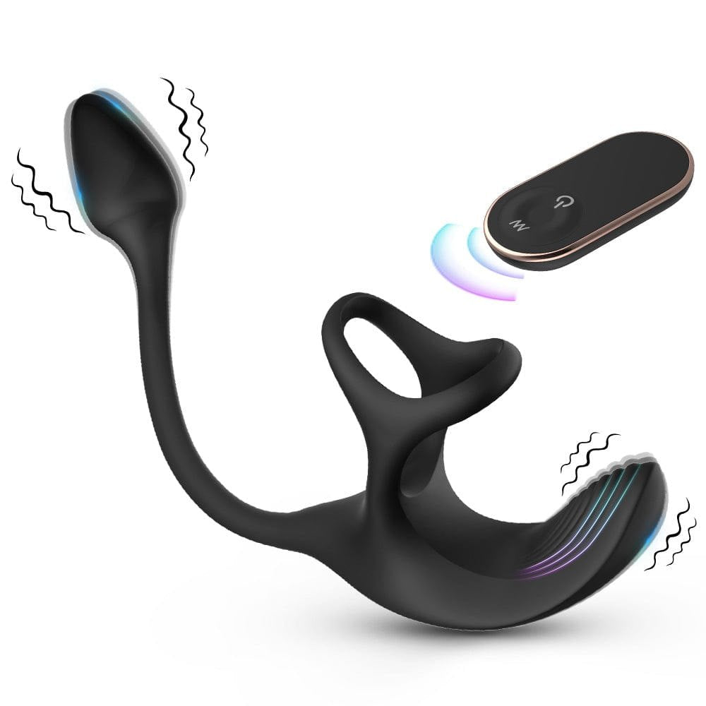 Black silicone vibrating cock ring with anal probe and remote, photo 10