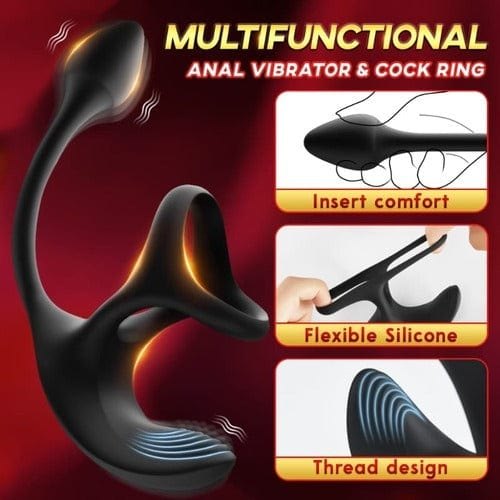Black silicone vibrating cock ring with anal probe and remote, photo 5