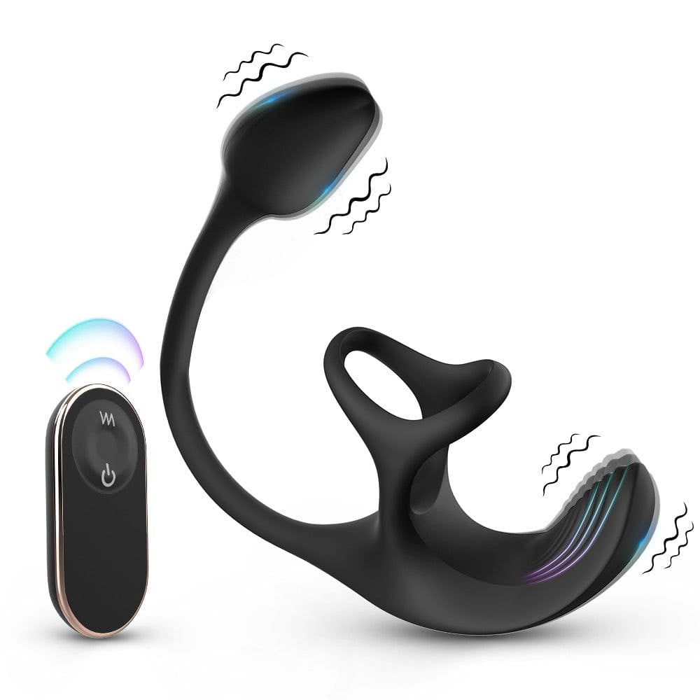 Black silicone vibrating cock ring with anal probe and remote, photo 9