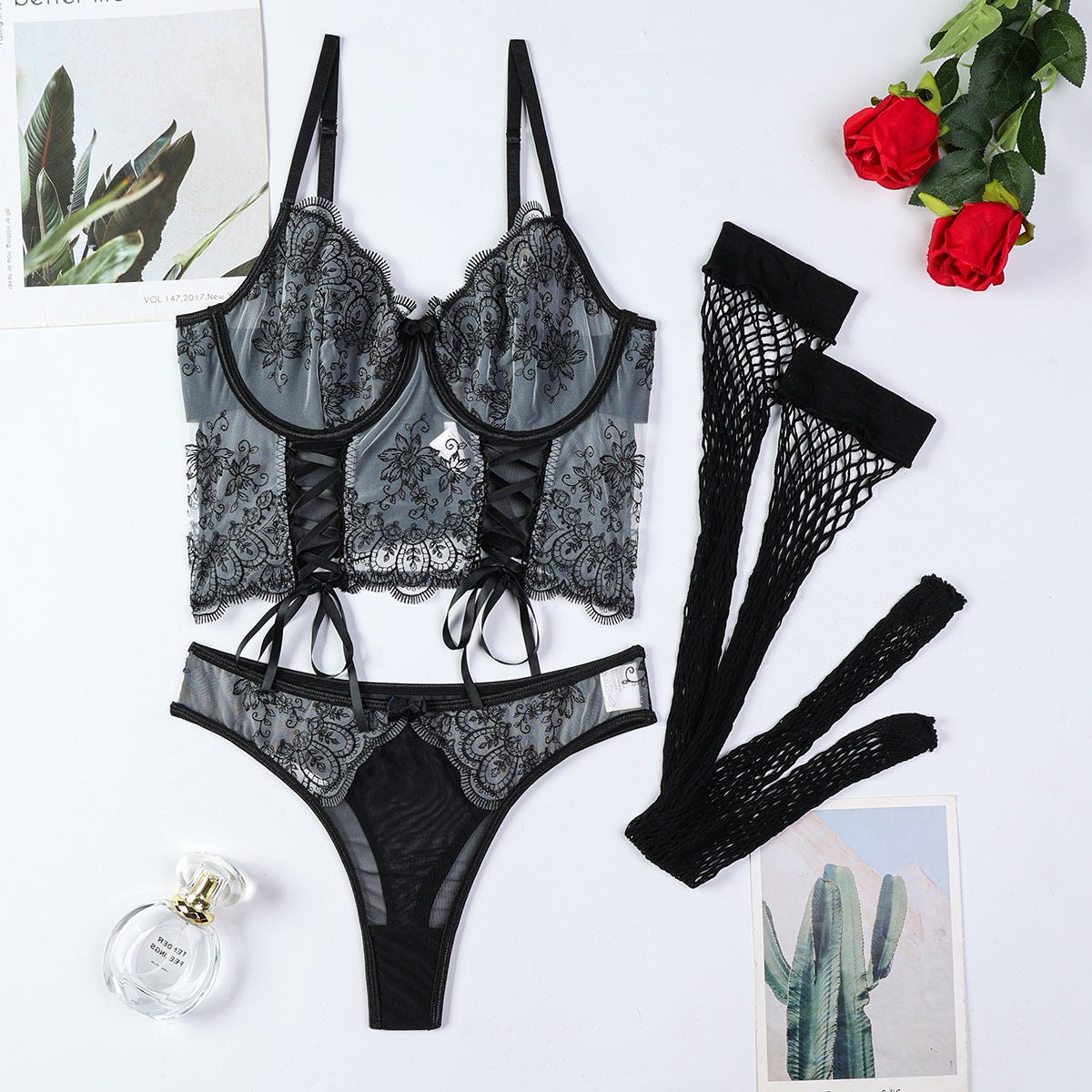 3d embroidery lace-up corset lingerie set, photo 6