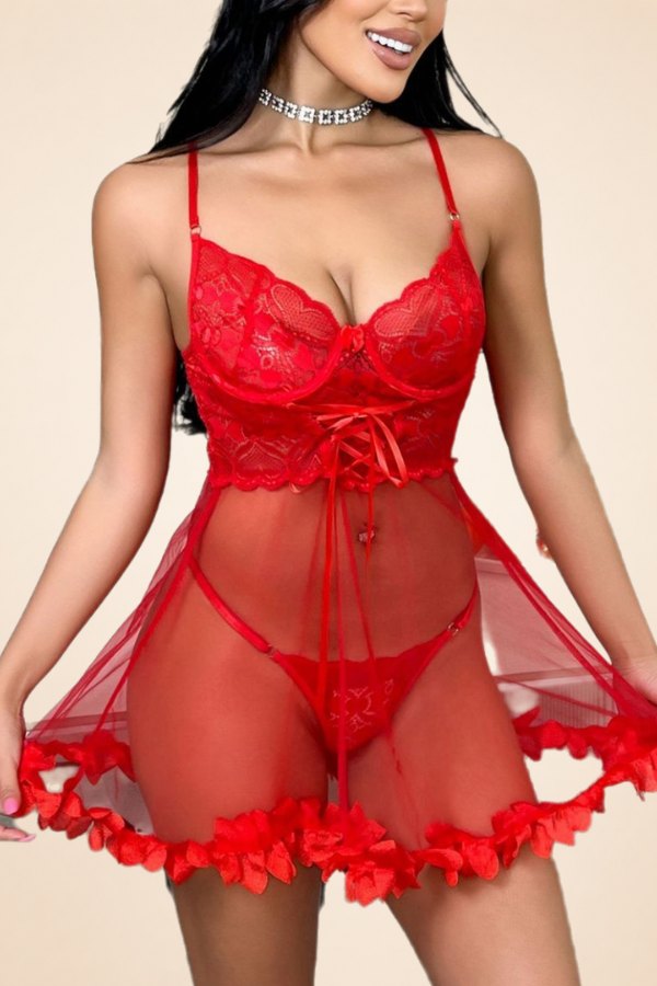 Red 3d floral mesh corset lace up chemise
