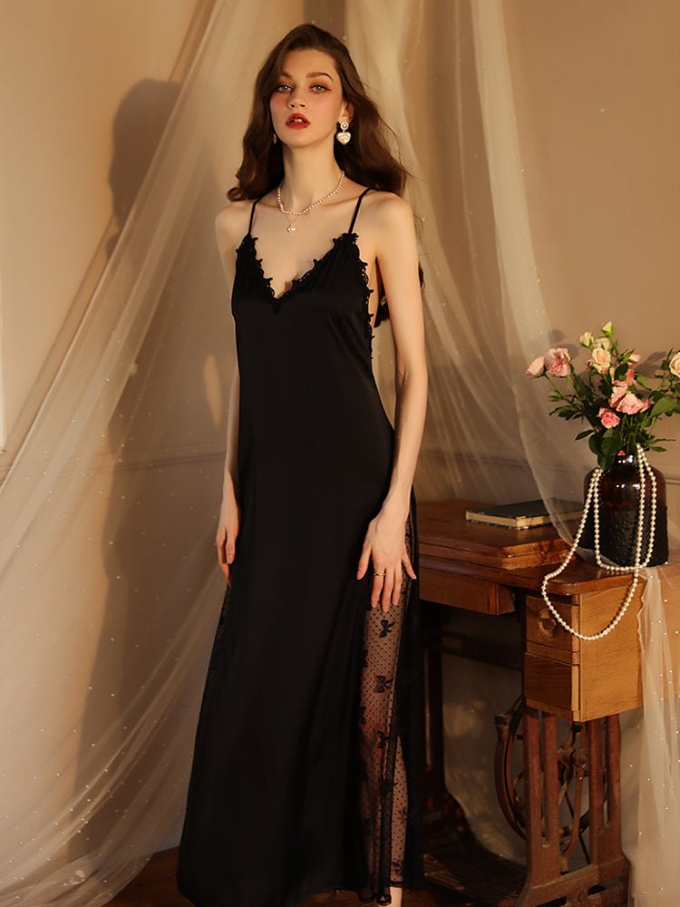 Black 3d lace deep v nightgown dress